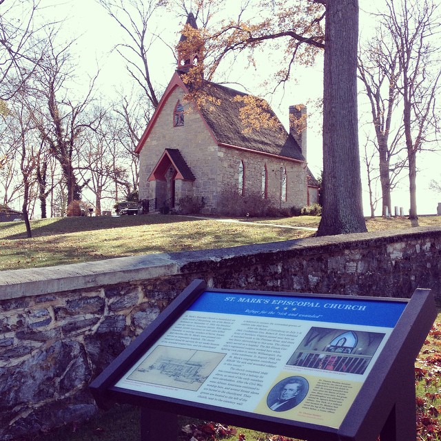 A new Civil War Trail marker stands in front of the mid-19th century stone church.