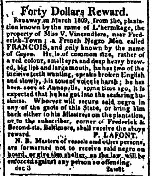 A runaway slave advertisement that appeared in the Federal Gazette