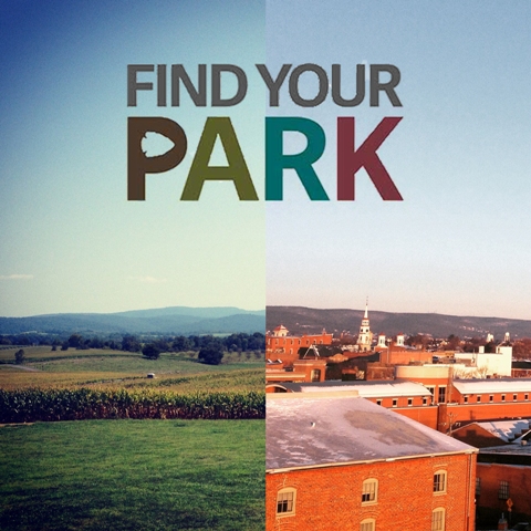 A side-by-side image of Antietam National Battlefield and downtown Frederick