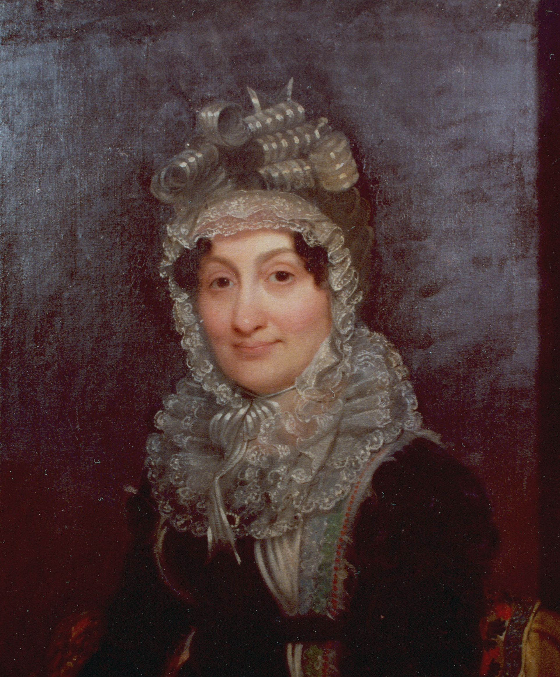 A painting of Hannah Coalter in a bonnet.