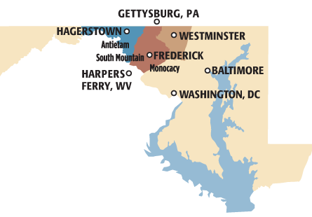 Map of Carroll, Frederick, and Washington Counties in the state of Maryland.