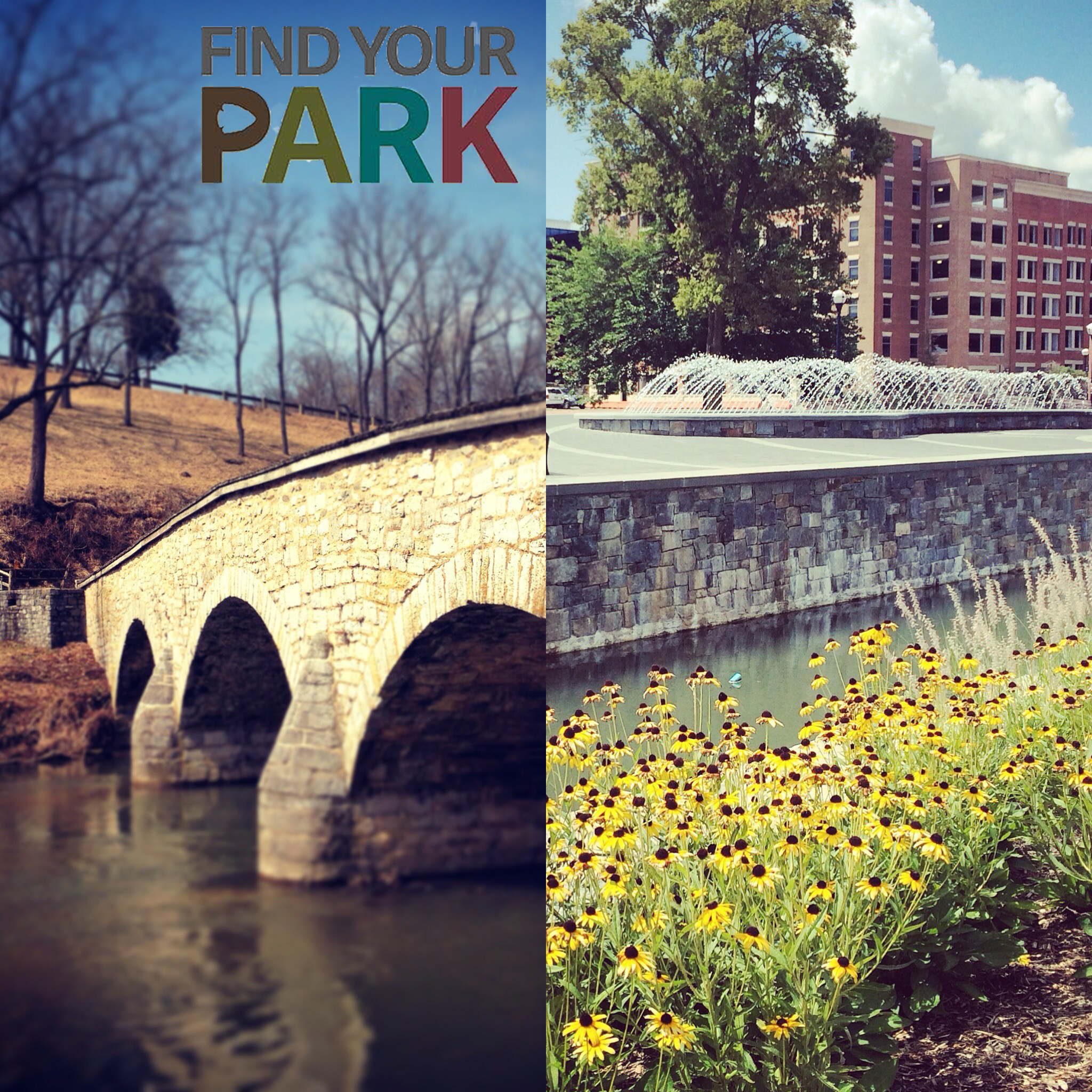 A side by side mashup of Burnside Bridge at Antietam with the Frederick historic district