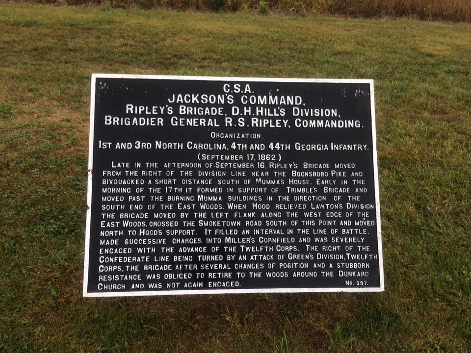 A 1960s historic marker shows text indicating what battle actions took place there