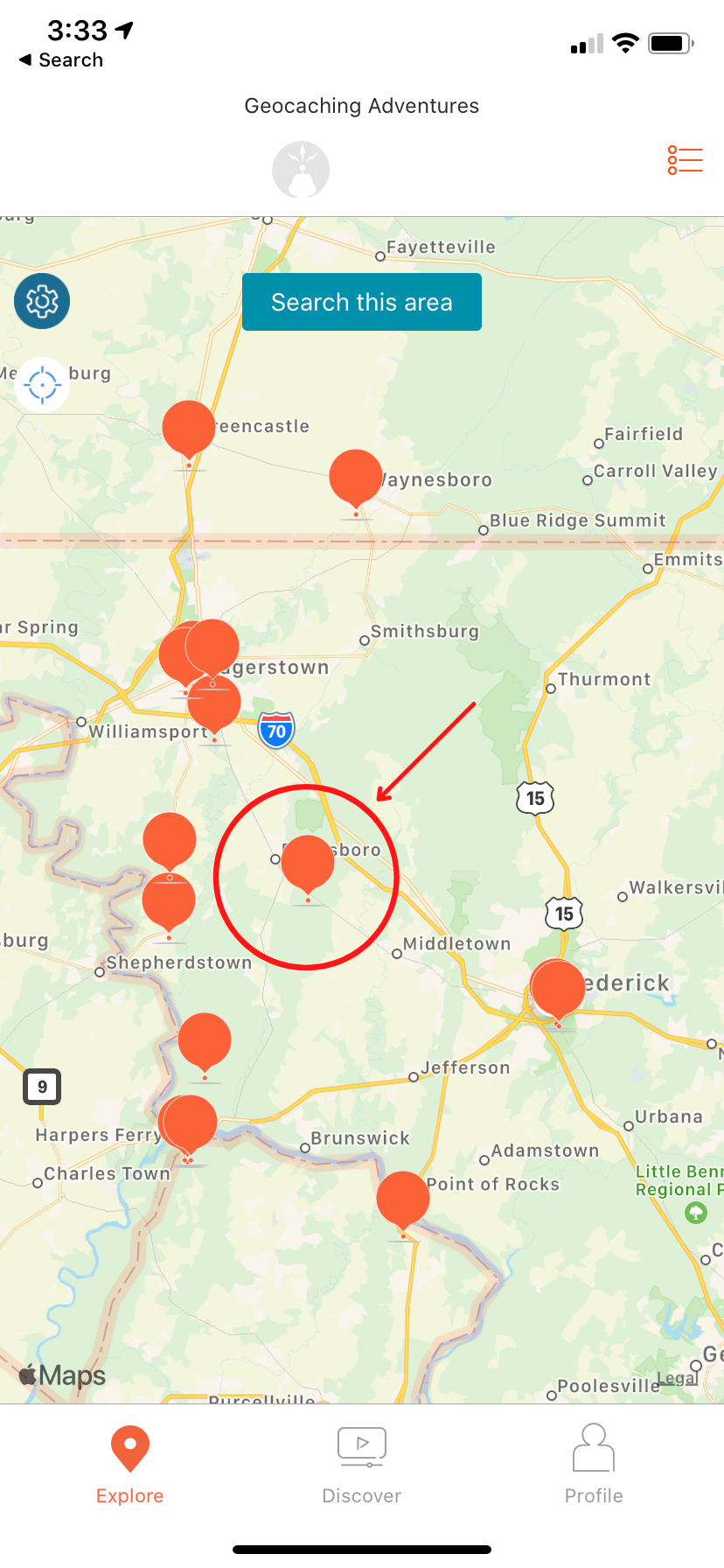 Adventure Lab app map showing different locations with Adventure Labs, the location closest to Boonsboro is circled in red with a red arrow pointing at it.