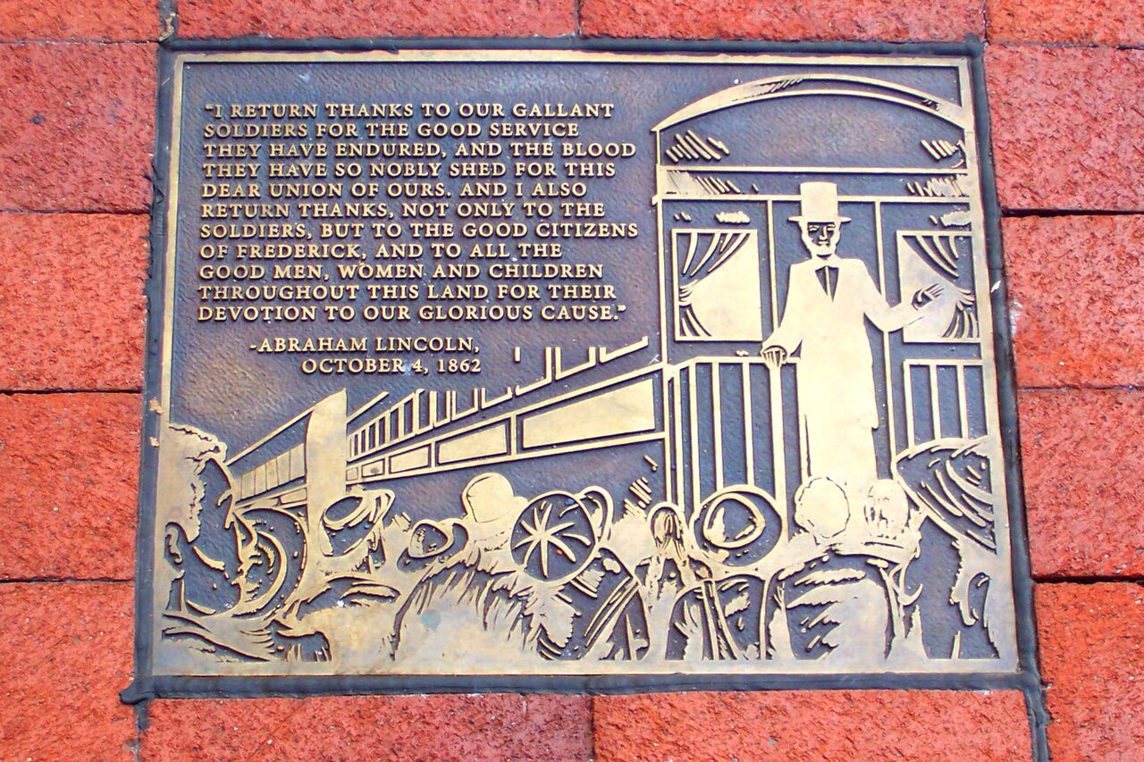 A plaque showing President Lincoln's words spoken at the Frederick train station.