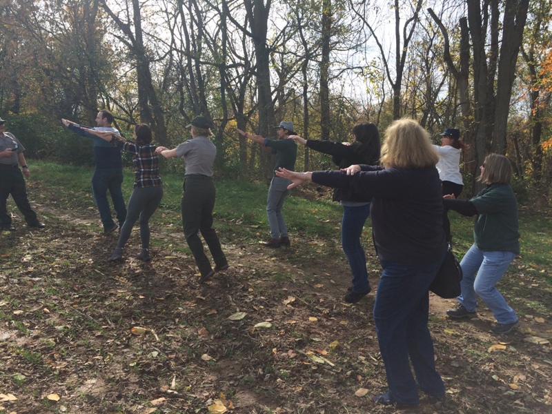 Workshop participants learning an interpretive dance about the Battle of Monocacy.